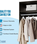 Straight Up Game Changing Modular Closet Organizer With Two Drawers And Extra Shelf For Hanging Short Garments And Folded Fits In Heavy Duty Grey Frame That Slays Small Living Spaces with hanging jackets and a shelf.