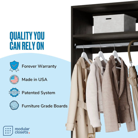 Straight Up Game Changing Modular Closet Organizer With Two Drawers And Extra Shelf For Hanging Short Garments And Folded Fits In Heavy Duty Grey Frame That Slays Small Living Spaces with hanging jackets and a shelf.