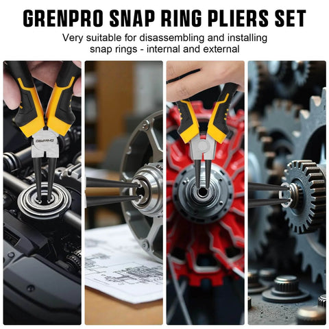 Heavy Duty Snap Ring Pliers Set, Four Piece Kit, 7 Inch internal and external circlip pliers shown in automotive application.