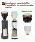 No Fuss Electric Coffee Grinder Featuring A 40mm Hardened Stainless Steel Conical Burr And 19 Exact Gear Positions For Killer Espresso And Hand Drip Brewing In Sleek White Design with 75g capacity bean hopper.