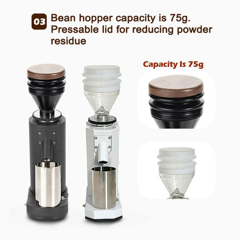 No Fuss Electric Coffee Grinder Featuring A 40mm Hardened Stainless Steel Conical Burr And 19 Exact Gear Positions For Killer Espresso And Hand Drip Brewing In Sleek White Design with 75g capacity bean hopper.