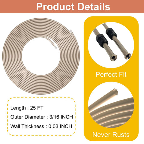 Copper-nickel brake line coil, 25 ft long, 3/16 in OD, with fittings.