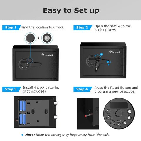 Instructions for setting up the 0.6 Cubic Foot Digital Safe With Electronic Keypad And Removable Shelf, showing steps 1 to 4.