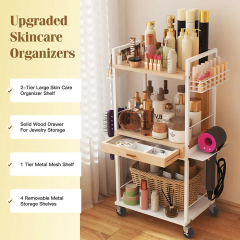 Three Tier Rolling Utility Cart With Wooden Drawer Must Have Sturdy Multifunction Storage Organizer For Kitchen Bathroom Makeup Living Room Baby Essentials Grab And Go Ready White
