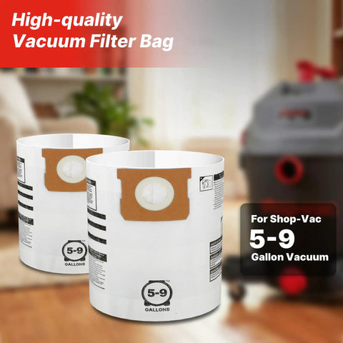 Disposable Vacuum Filter Bags For 5-9 Gallon Vacs, Dry Pick Up Only, White Paper, 3 Pack displayed on a wooden floor