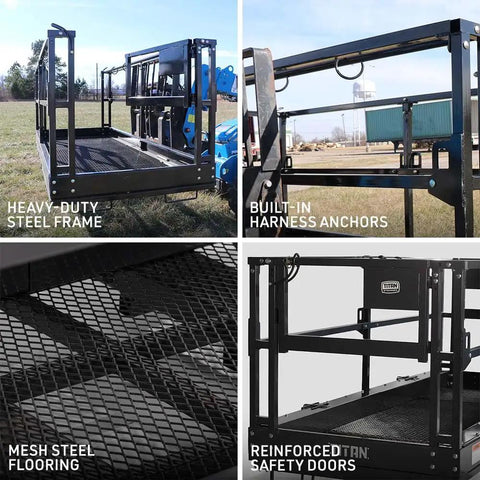 Rock Solid Four By Six Foot Mesh Telehandler Work Platform With Heavy Duty Safety Cage For Forklift Aerial Access showing heavy-duty steel frame and mesh flooring.