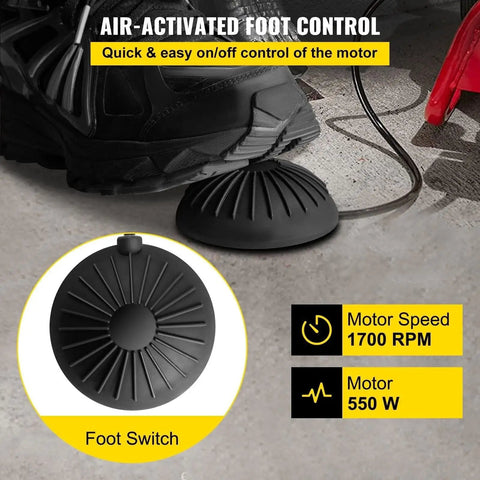 Foot switch for Heavy Duty Electric Drain Auger With One Hundred Foot Steel Core Snake For Two To Four Inch Pipes Five Hundred Watt Motor And High Speed Drain Cleaner Machine That Kicks Out Wicked Sink Clogs Real Quick.