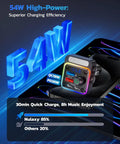 Displaying the 54W Four Port Car Charger With PD36W And QC3 18W Fast Charging Wireless FM Transmitter and power icons.