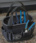 Hard-Body Oval Tool Bucket With Drain Holes And 29 Pockets, Pro Grade Rugged Denier Polyester Organizer holding tools