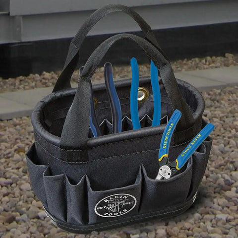 Hard-Body Oval Tool Bucket With Drain Holes And 29 Pockets, Pro Grade Rugged Denier Polyester Organizer holding tools