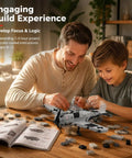 Father and son assembling FW-190 Fighter Aircraft Build Kit With 503 Pieces For Adults And Hobbyists at a table.
