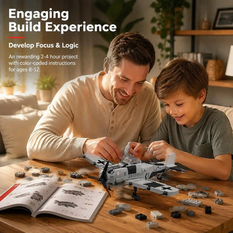 Father and son assembling FW-190 Fighter Aircraft Build Kit With 503 Pieces For Adults And Hobbyists at a table.
