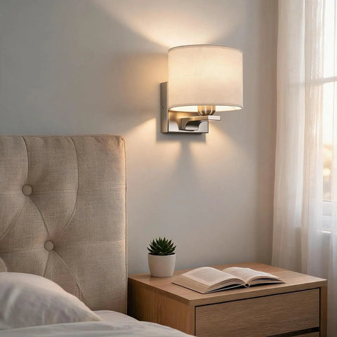 Edwarmlux Indoor Wall Sconces, Brushed Nickel, 1 Pack, E26 Bulbs Excluded, stylish fabric lampshade by bedside with warm light.