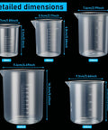 Detailed dimensions of 16 Piece Plastic Chemistry Lab Kit with Beakers, sizes from 50ml to 1000ml