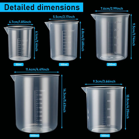 Detailed dimensions of 16 Piece Plastic Chemistry Lab Kit with Beakers, sizes from 50ml to 1000ml