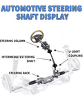 Automotive steering shaft display showing steering column, intermediate steering shaft, U-joint couplings, and steering rack.