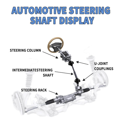 Automotive steering shaft display showing steering column, intermediate steering shaft, U-joint couplings, and steering rack.