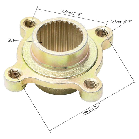 Beefy 4 Lug Rear Wheel Hub Adapter With 28 Tooth Spline Flange Rugged Steel Alloy Construction showing dimensions and design details.