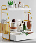 Two Tier Bathroom Counter Organizer With Drawer And Basket For Makeup Skincare Perfume And More, Wooden Vanity Tray Countertop Shelf