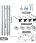 Aluminum T Track Double Cut Profile Miter Slot Jig with screws and knobs, 400mm length, easy install with predrilled holes.