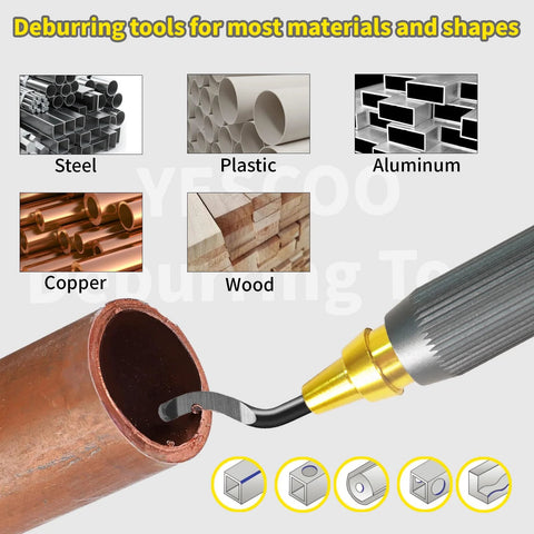 YESCOO deburring tool with 360° rotatable/fixed double-head, anti-skid handle and 10 high-speed steel blades