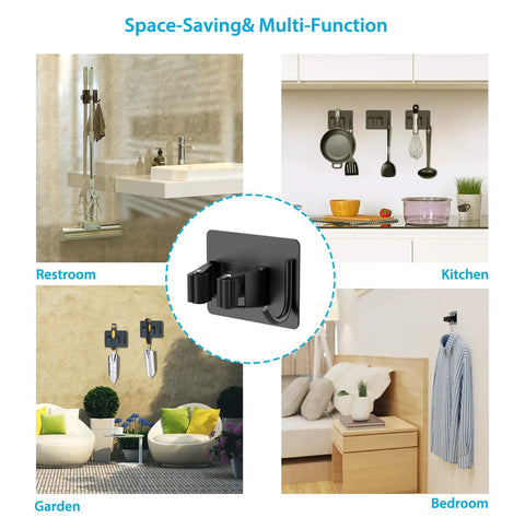 Mop Broom Holder Wall Mount With Shelf And Hooks Self Adhesive Sturdy used in bathroom, kitchen, garden, and bedroom.