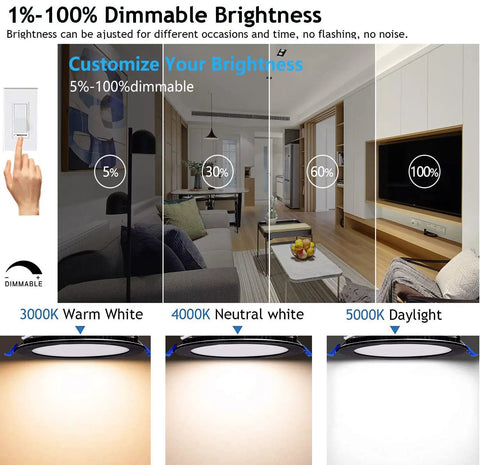 Brightness options for 12 Pack 6 Inch Dimmable LED Recessed Lights Ultra Thin Canless Black with Junction Box 110V