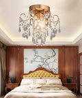 Mini Crystal Chandelier Flush Mount Ceiling Light With Gold Finish, Sparkling E26 Base Fixture in elegant bedroom setting