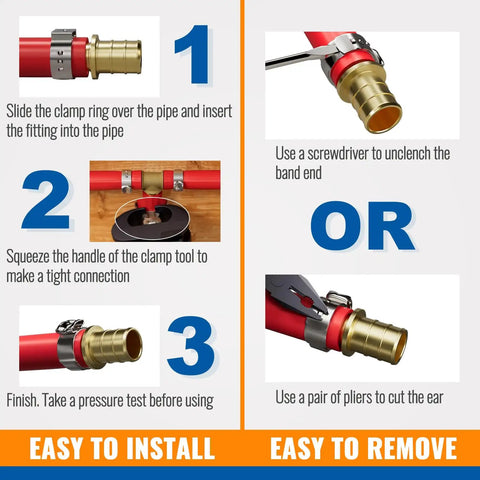 Installation steps for 30 Pack 3/4 Inch Pex Crimp Rings Stainless Steel Cinch Clamps for Tubing and Pipes with tools and instructions