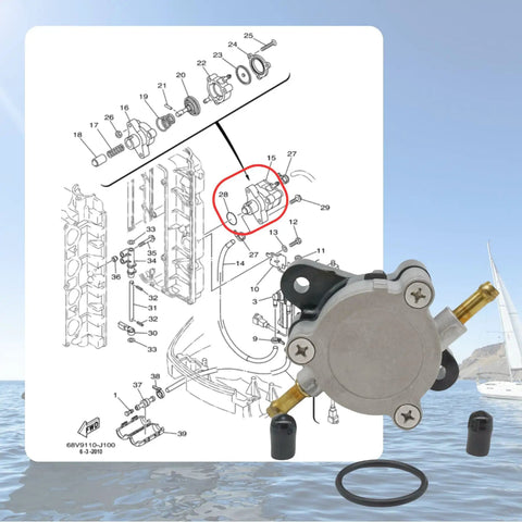 Diagram showing Outboard Fuel Pump Replacement For Yamaha 75HP 80HP 90HP 95HP 100HP 115HP And Mercury 75HP 90HP 115HP 4-Stroke Boats OE Replacement 68V-24410-00-00 6D8-24410-00-00 880890T1 with part highlighted.