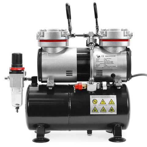 One Third HP Twin Piston Airbrush Compressor With Air Tank Regulator Gauge And Water Trap Quiet Pro Grade Pump For Cake Decorating And Body Art Oil Free Low Noise 59 DB Black, front view