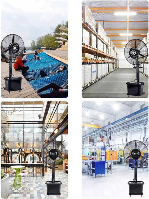Straight Up Heavy Duty Mist Cooling Pedestal Fan With Triple Speed Settings and Wide Angle Sweep in outdoor and indoor settings.