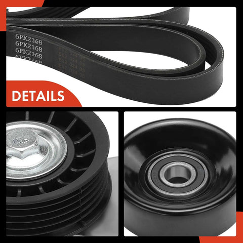 Beefed-Up Engine Serpentine Drive Belt Kit With Tensioner And Idler Pulley For Ford Explorer 2002-2005 and Mercury Mountaineer 2003-2005 4.0L V6 Includes All-In-One Belt System For Easy Install And Reliable Performance, close-up of belt, tensioner, and pulley details
