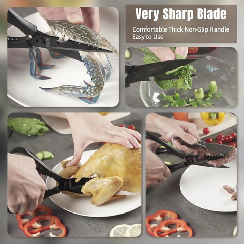 All-Purpose Kitchen Scissors With Extra Sharp Blades, Built-In Knife Sharpener And Sheath, Stainless Steel Anti-Rust Black Titanium Plated, Dishwasher Safe, Heavy Duty Shears For Poultry Meats And Everyday Cutting, Green cutting crab, herbs, chicken and meat