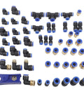 Top Notch 53 Piece Pneumatic Fitting Bundle With Quick Connect Push To Air Hose Links In 1/4 3/8 And 1/2 Inch Sizes Featuring Sturdy Zinc Alloy Elbows Tees And Straight Adapters For Heavy Duty Industrial Plumbing Jobs That Need Zero Leaks And Serious, assorted push-to-connect fittings laid out