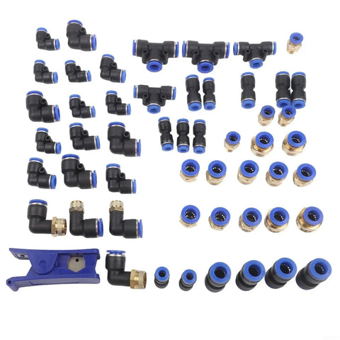 Top Notch 53 Piece Pneumatic Fitting Bundle With Quick Connect Push To Air Hose Links In 1/4 3/8 And 1/2 Inch Sizes Featuring Sturdy Zinc Alloy Elbows Tees And Straight Adapters For Heavy Duty Industrial Plumbing Jobs That Need Zero Leaks And Serious, assorted push-to-connect fittings laid out