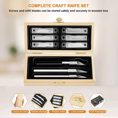 Ultimate 38 Piece Precision Craft Hobby Knife Set with Wooden Chest showcasing handles and blades for detailed projects.