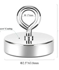 Neosmuk magnet fishing kit: chrome-plated steel 2.5-inch fishing magnet with eye-loop (front view)