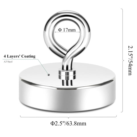Neosmuk magnet fishing kit: chrome-plated steel 2.5-inch fishing magnet with eye-loop (front view)