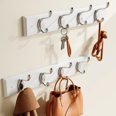 Two Pack Wall Mounted Coat Rack Set With Heavy Duty Hooks For Coats Hats And Bags, Slim White Finish Wall Hangers in entryway.