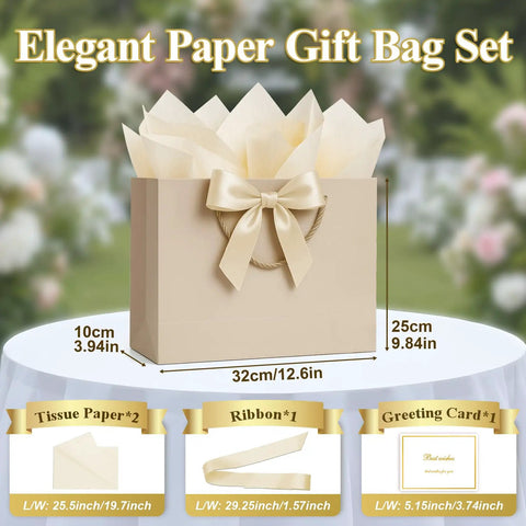 Medium Gift Bags With Handles Set Includes Ribbon Card And Two Tissue Papers For Weddings Birthdays Baby Showers Engagements And Mothers Day Champagne Beige Paper Gift Bags For Party Favors displayed on a table