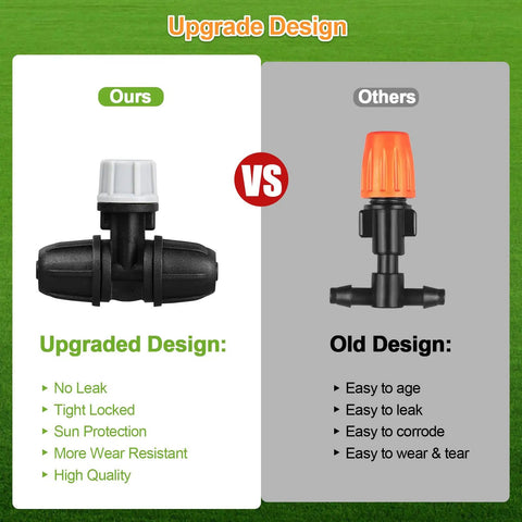 Comparison of upgraded locked micro spray irrigation drippers kit vs old design with barbed emitters and misting drippers.