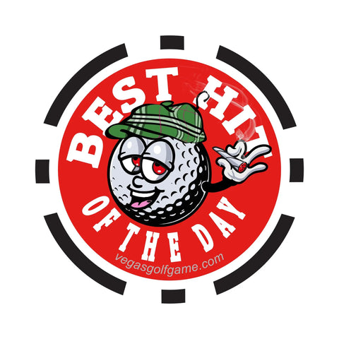 Cartoon golf ball character with "Best Hit of the Day" text, wearing glasses and a cap, designed for golfers