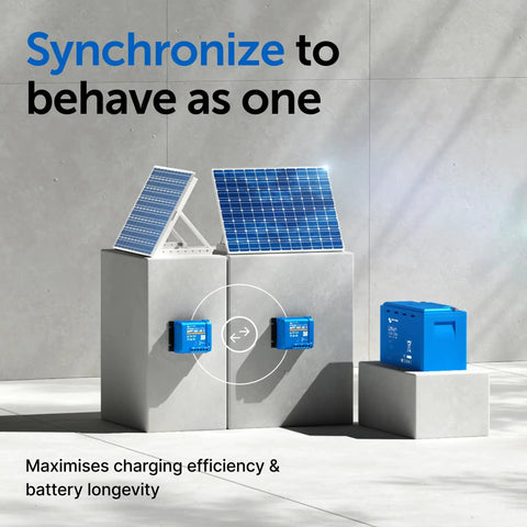 SmartSolar MPPT Solar Charge Controller With Bluetooth For Off Grid Power, High Efficiency Battery Boss shown with solar panels.