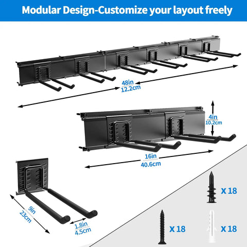 Diagram of Must Have 48 Inch Heavy Duty Wall Tool Organizer Rack With Six Hooks, showing modular design and dimensions.