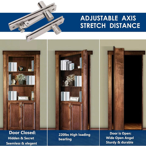 Heavy Duty Stainless Steel Pivot Hinge With 360 Degree Rotation For Wood Or Aluminum Frames And Concealed Doors Supports Up To 300 Lbs High Performance Door Hardware For Smooth Quiet Operation, shown installed on a wooden bookshelf door.