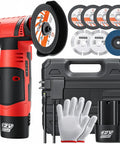 Ultra Fast Mini Cordless Angle Grinder 19500 RPM With Dual Batteries, case, cutting wheels, gloves, and charger shown