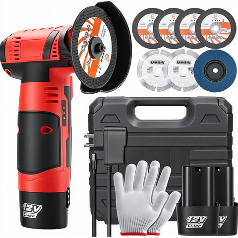 Ultra Fast Mini Cordless Angle Grinder 19500 RPM With Dual Batteries, case, cutting wheels, gloves, and charger shown