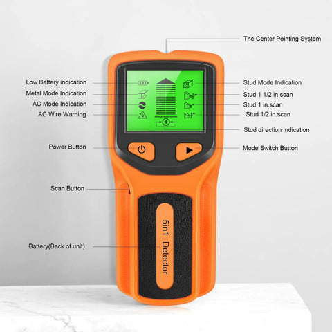 Mingzhe Stud Finder Wall Scanner 5 in 1 Professional (Orange) with LCD display showing various detection modes and buttons.