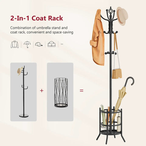 Coat Rack Stand With Umbrella Holder Freestanding 16 Hook Coat Tree For Entryway Living Room Or Office Space Saving Organizer